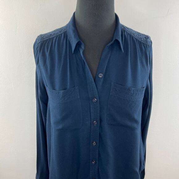SUPERDRY Japan Navy Blue Button Down Lace Back Top Blouse Shirt XS - Picture 2 of 8